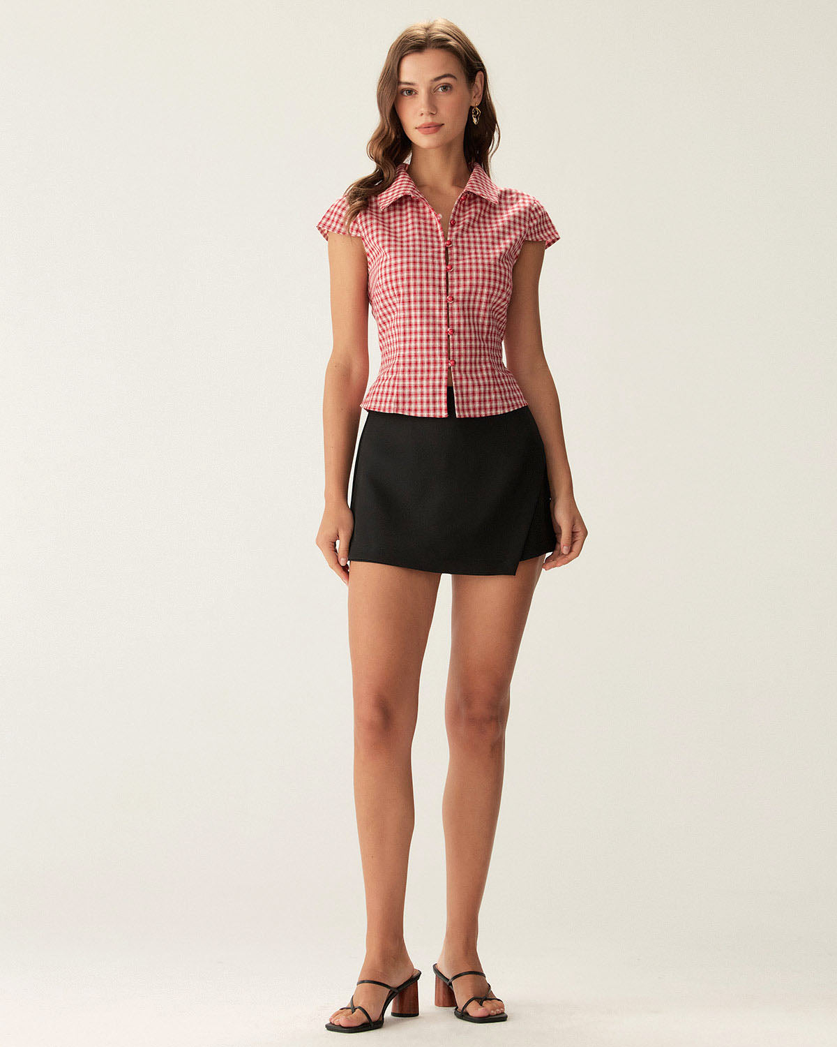 Red Plaid Cap Sleeve Button Blouse - RIHOAS
