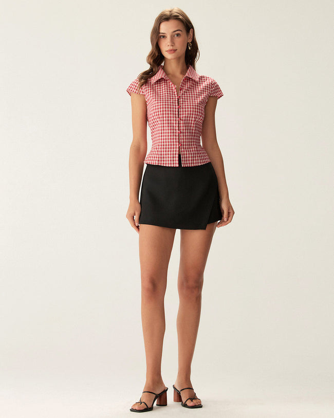 Red Plaid Cap Sleeve Button Blouse - RIHOAS