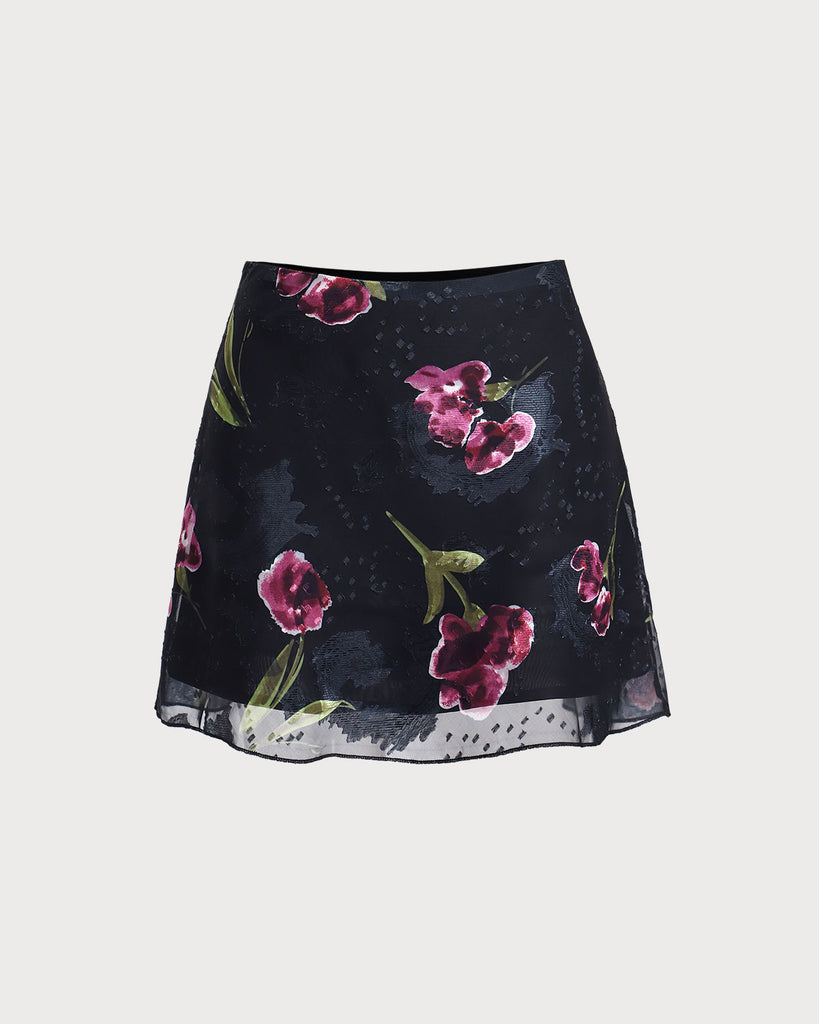 Black Floral High Waisted Mini Skirt