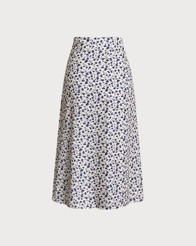 Blue Floral High-waisted Wrap Midi Skirt - RIHOAS