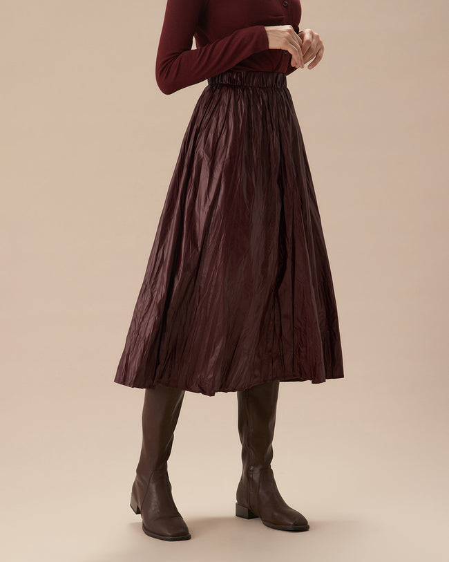 Women's Wine Red Elastic Waist Ruched Midi Skirt & Reviews