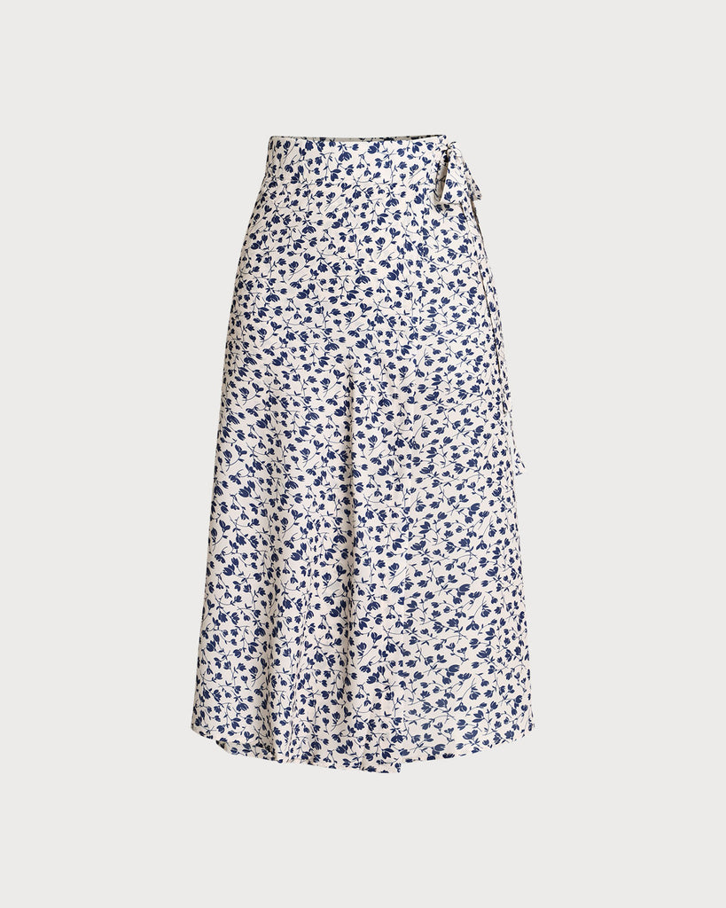 Blue Floral High-waisted Wrap Midi Skirt - RIHOAS