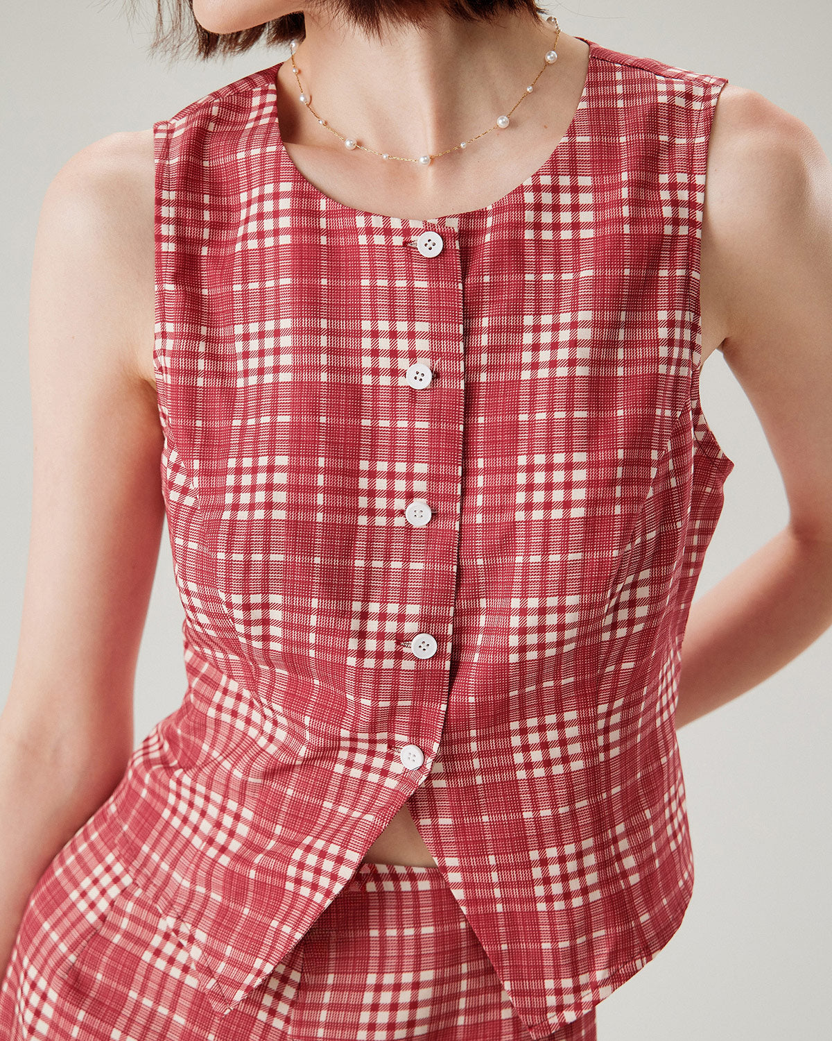 Red Plaid Single Breasted Vest - RIHOAS