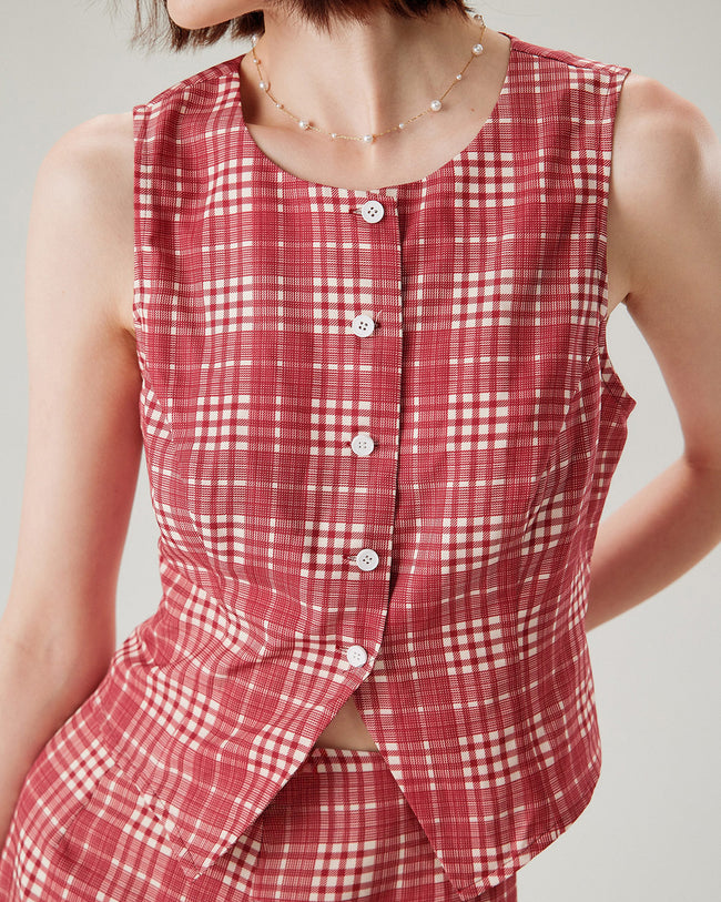 Red Plaid Single Breasted Vest - RIHOAS