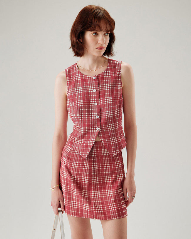 Red Plaid Single Breasted Vest - RIHOAS