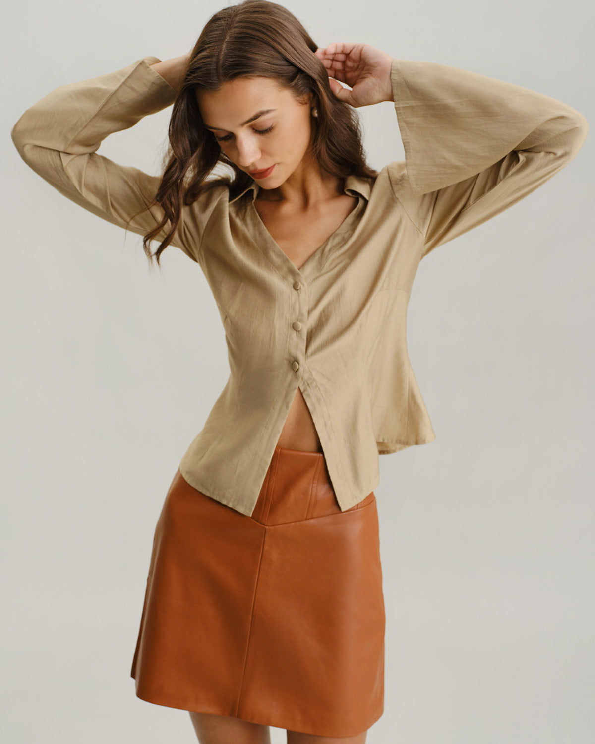 Women Woven TENCEl Lyocell Shirts Khaki Tops - RIHOAS