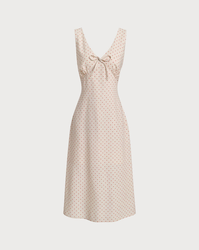 Beige V-neck Ruched Sleeveless Midi Dress - RIHOAS