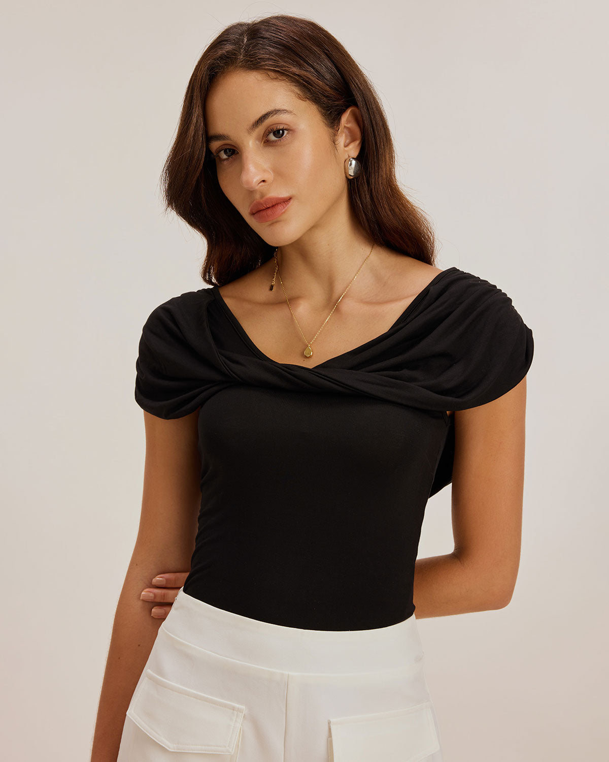 Women'S Knitted Viscose Tees Black Tops - RIHOAS