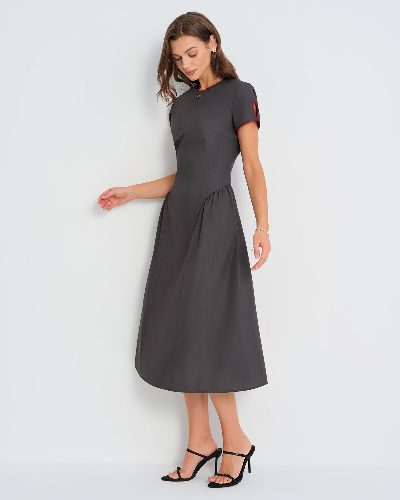 Rihoas Minimalist Structured Modest Dress | Pleated Waist Short Sleeve A-Line for Work, Office, Business, Grey / L Rihoas Minimalist Structured Modest Dress | Pleated Waist Short Sleeve A-Line for Work, Office, Business, Grey / L