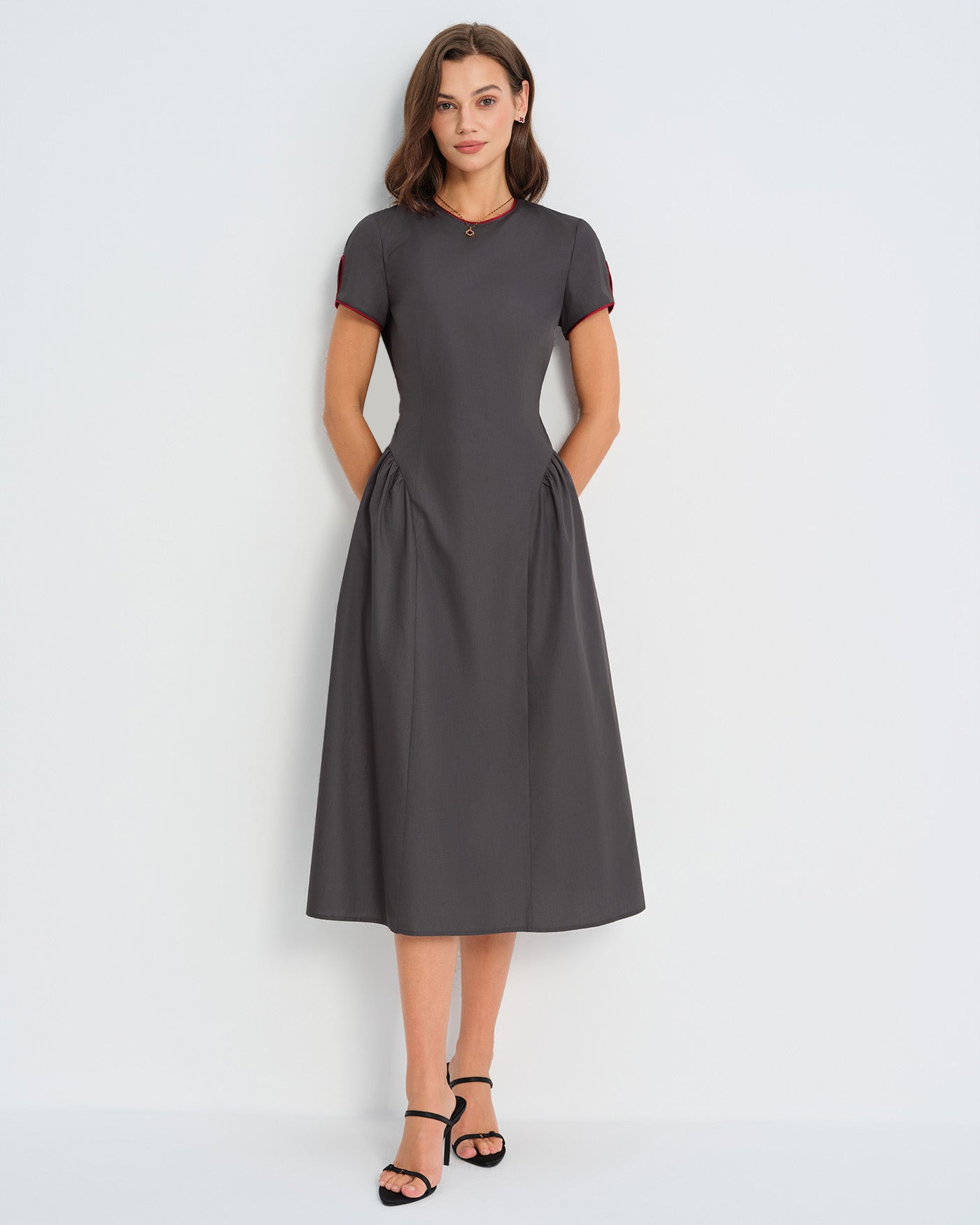 Rihoas Minimalist Structured Modest Dress | Pleated Waist Short Sleeve A-Line for Work, Office, Business, Grey / L Rihoas Minimalist Structured Modest Dress | Pleated Waist Short Sleeve A-Line for Work, Office, Business, Grey / L