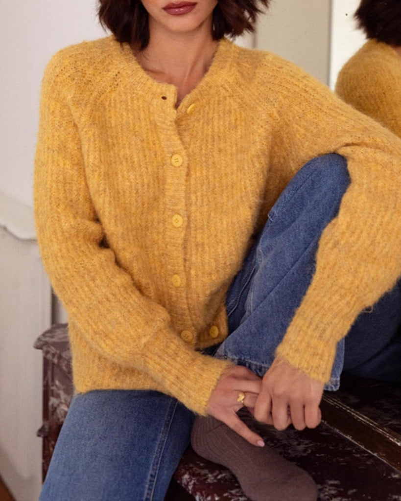 Women's Acrylic Knit Cardigan Sweater Yellow Tops - RIHOAS