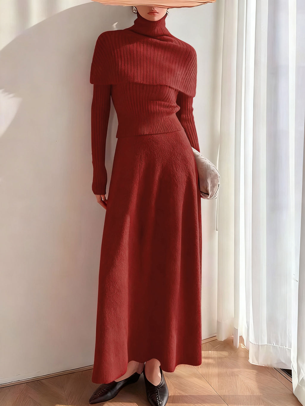 Women's Acrylic Knit Skirt Two-Piece Set Red Two-Piece Outfits - RIHOAS