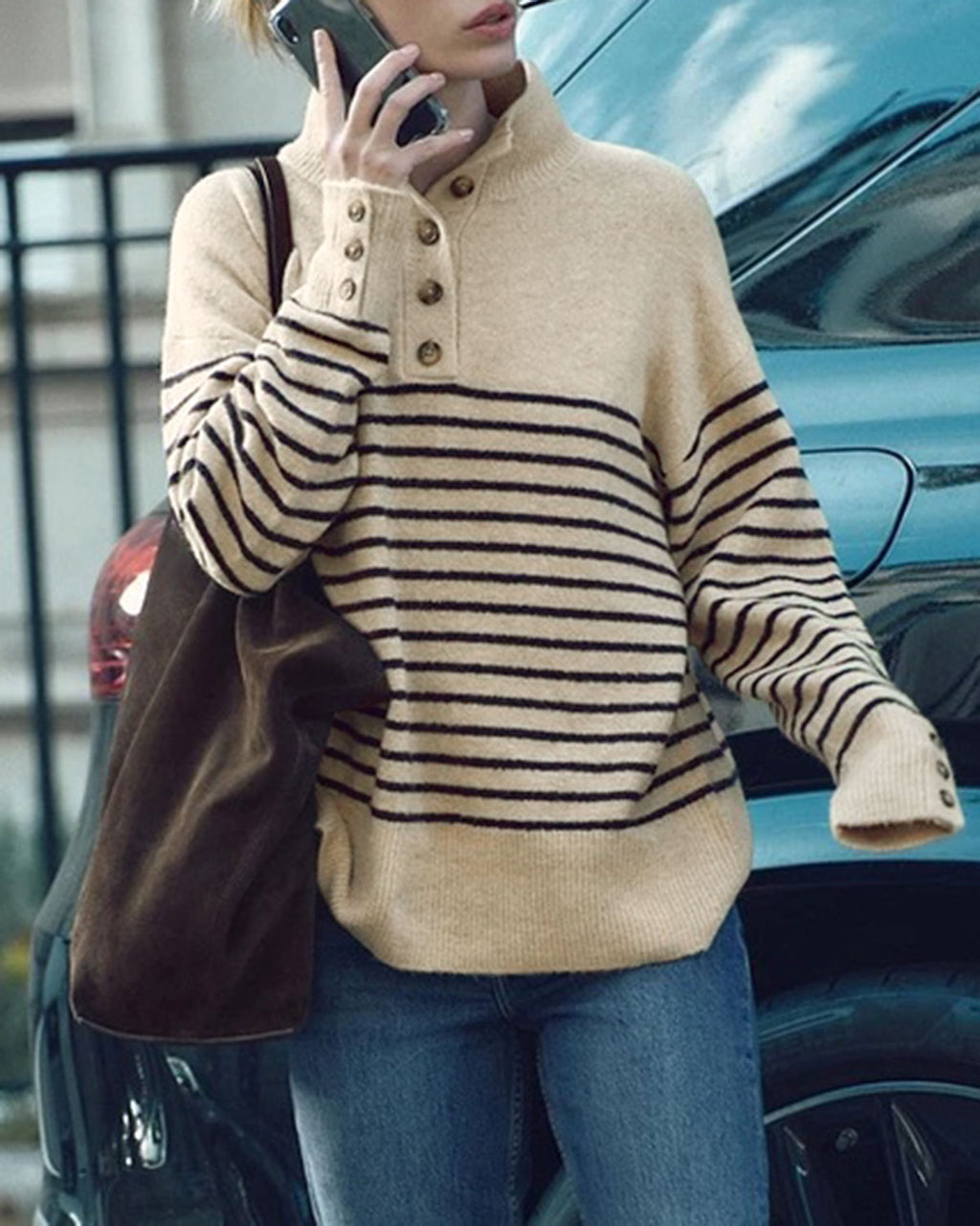 Women's Acrylic Knit Sweater Khaki Tops - RIHOAS
