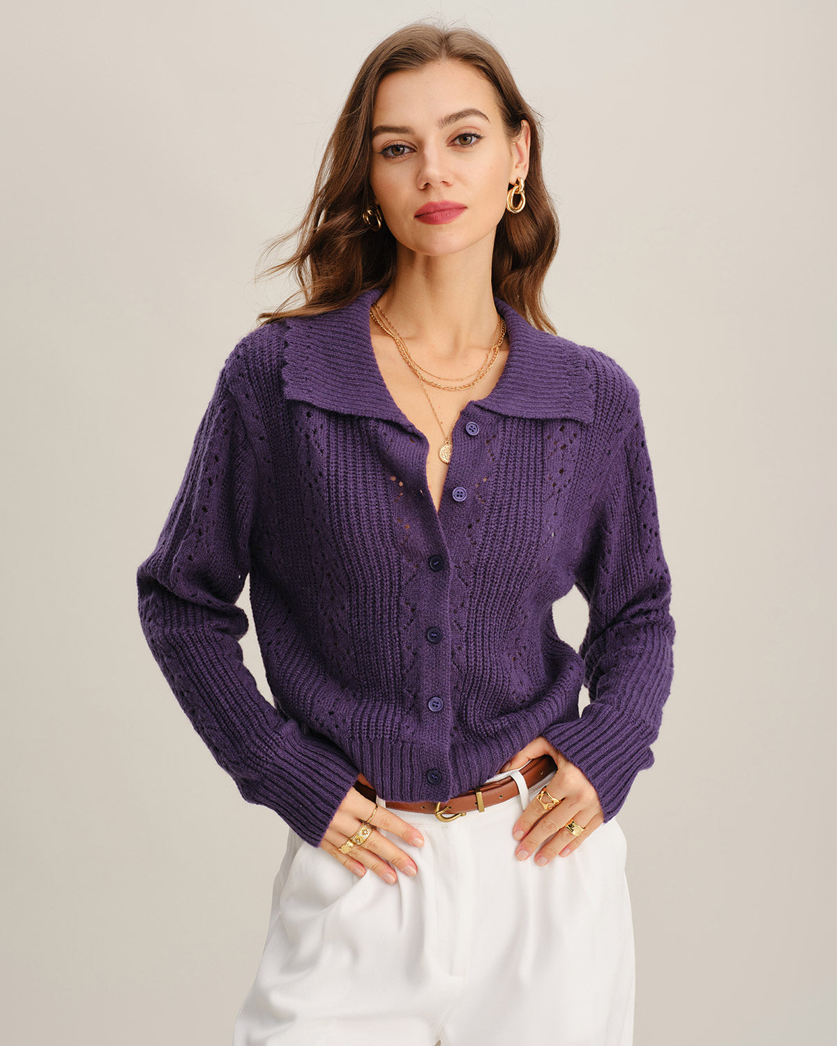Women's Acrylic Knit Sweater Purple Tops - RIHOAS