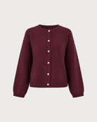 Wine Red Round Neck Button Knit Cardigan 02