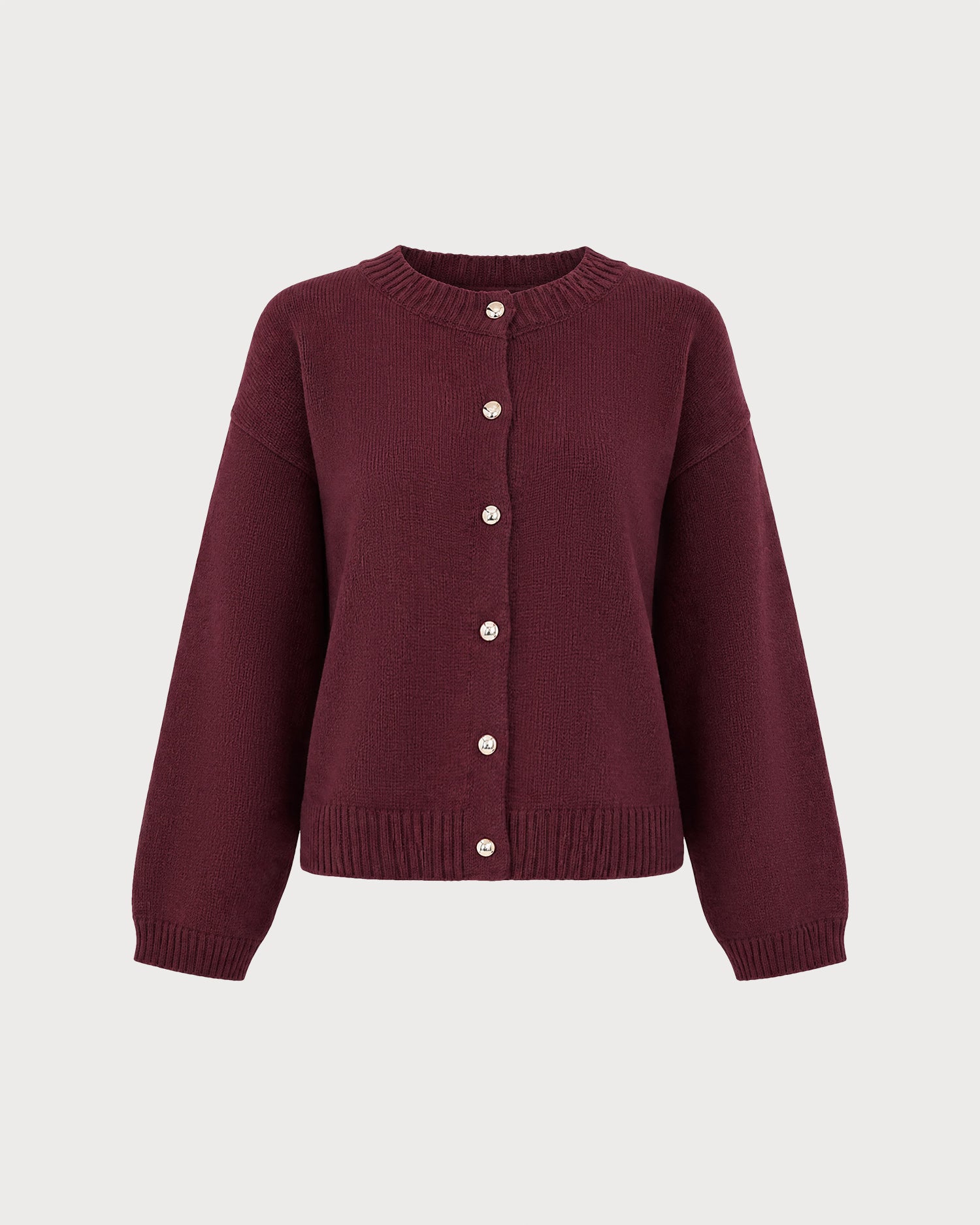 Wine Red Round Neck Button Knit Cardigan 02