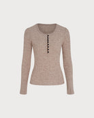 Camel V Neck Button Knit Sweater 02