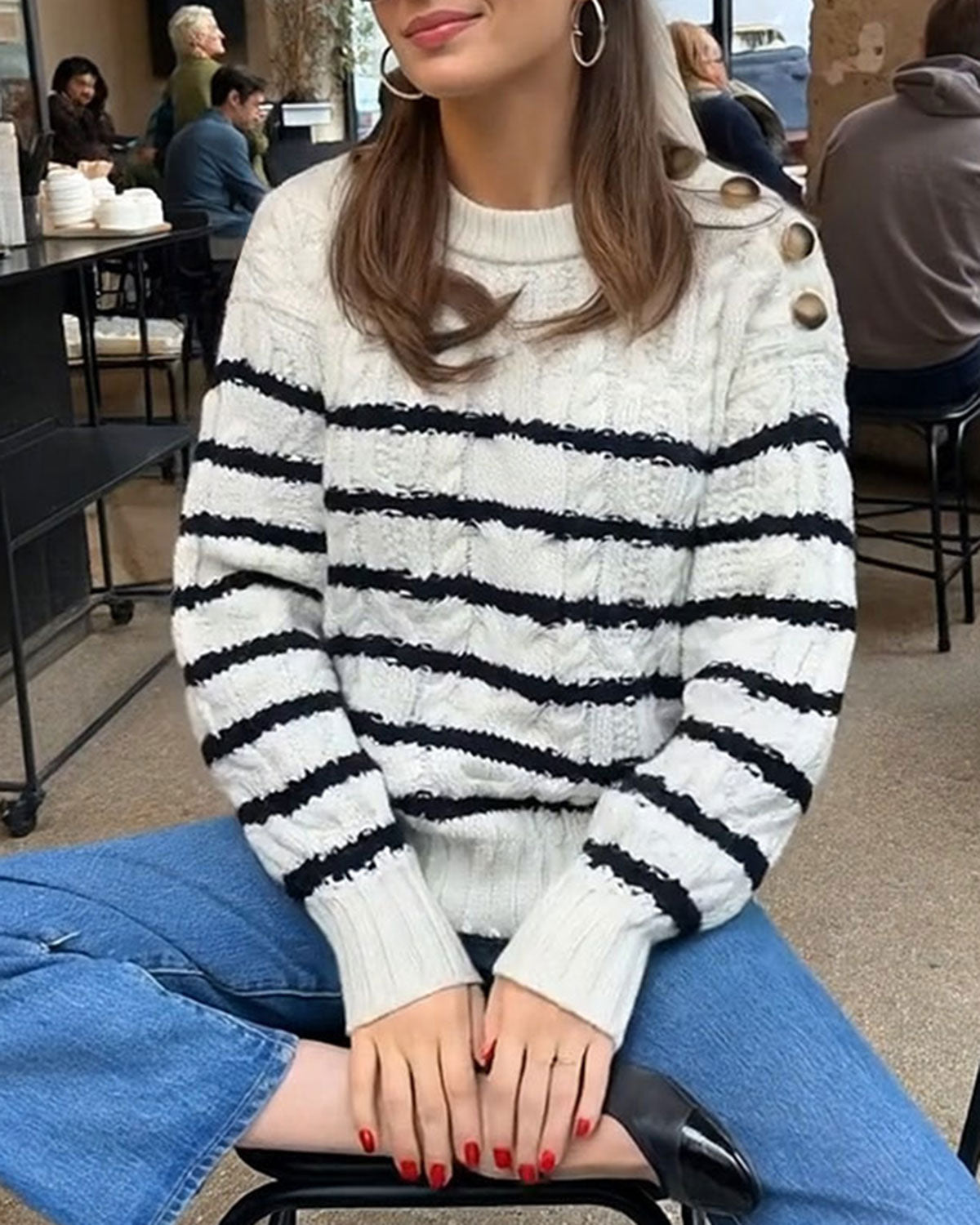 Women's Acrylic Knit Sweater White Tops - RIHOAS