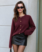 Wine Red Round Neck Button Knit Cardigan 01