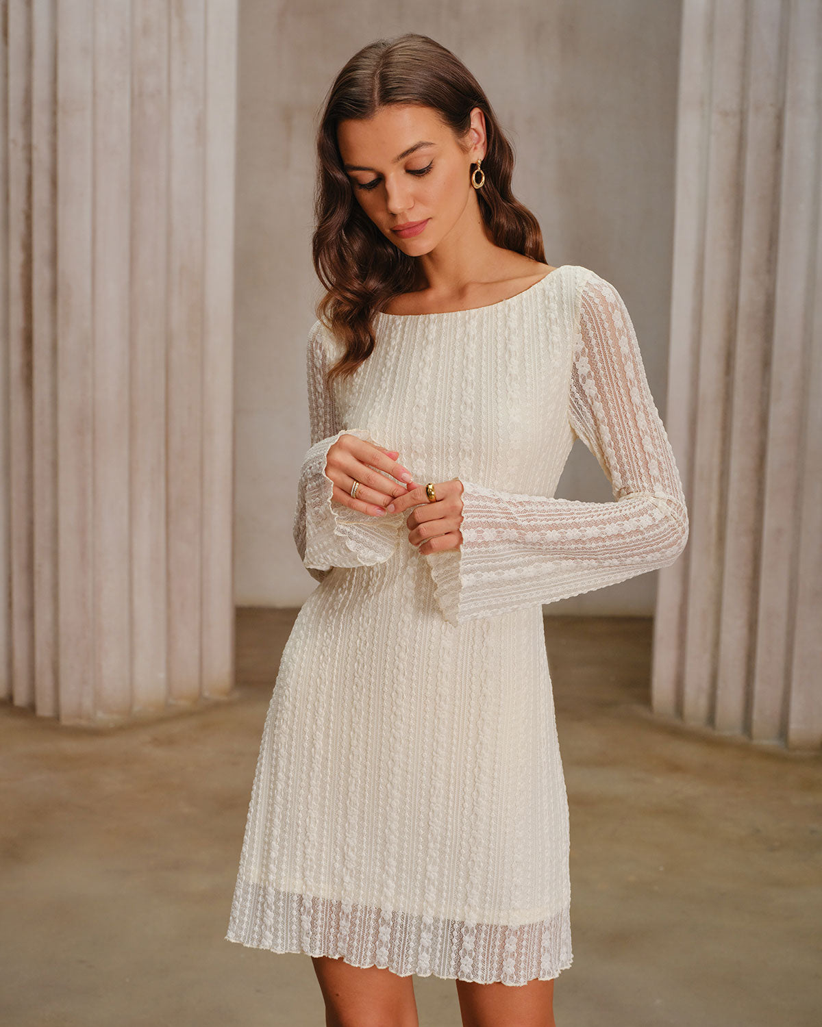 Rihoas Boat Neck Long Bell Sleeve Textured Floral Lace Sheer Hem A Line Mini Dress, Apricot / XL