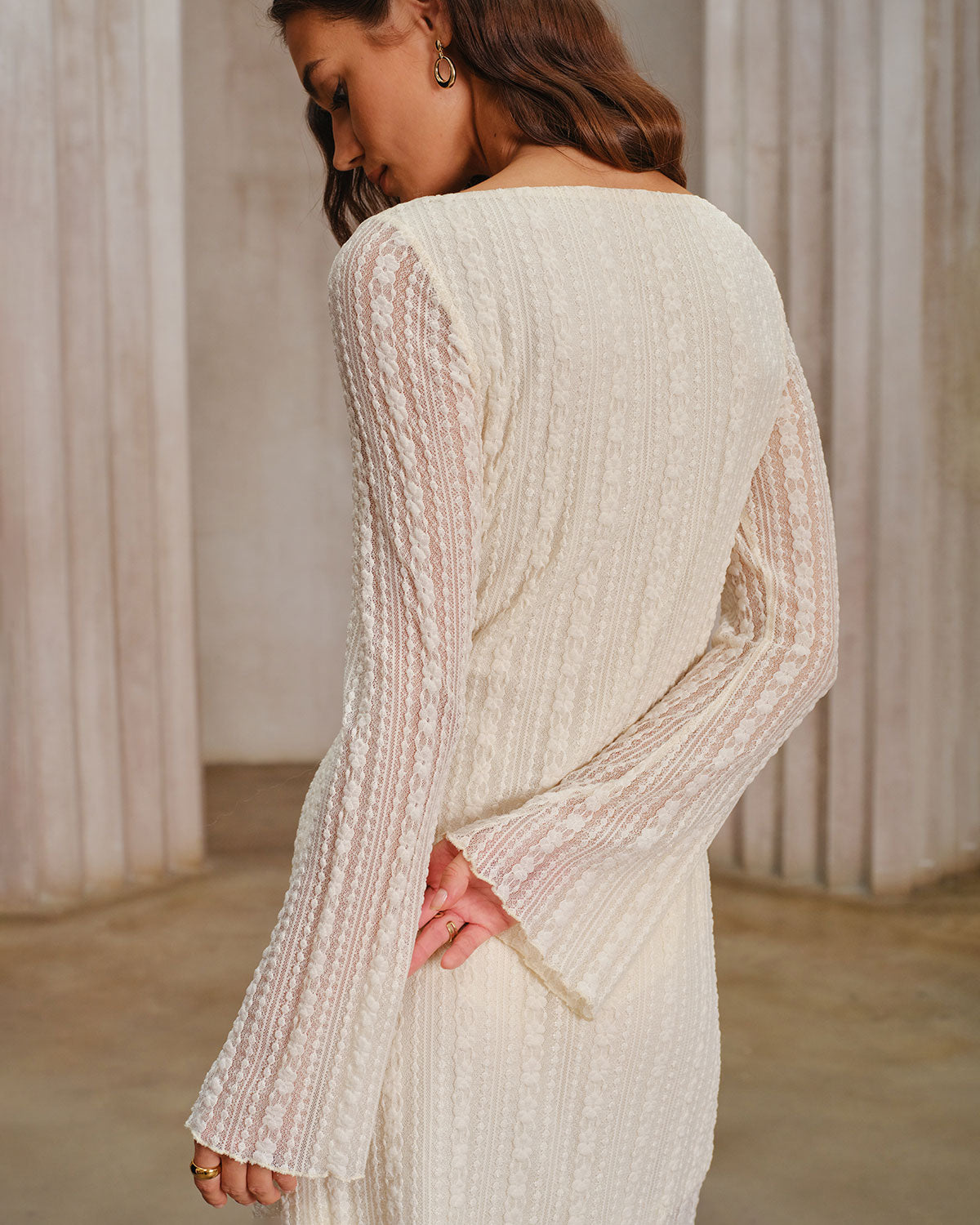 Rihoas Boat Neck Long Bell Sleeve Textured Floral Lace Sheer Hem A Line Mini Dress, Apricot / XL