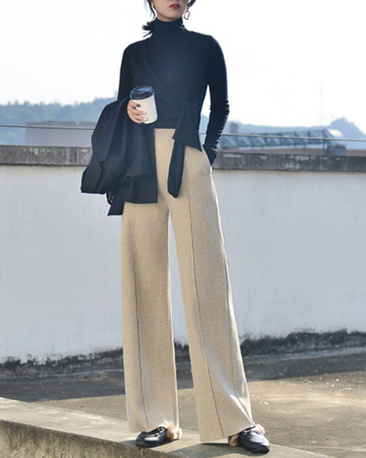 Women's Knit Polyester Casual Pants Beige Bottoms - RIHOAS