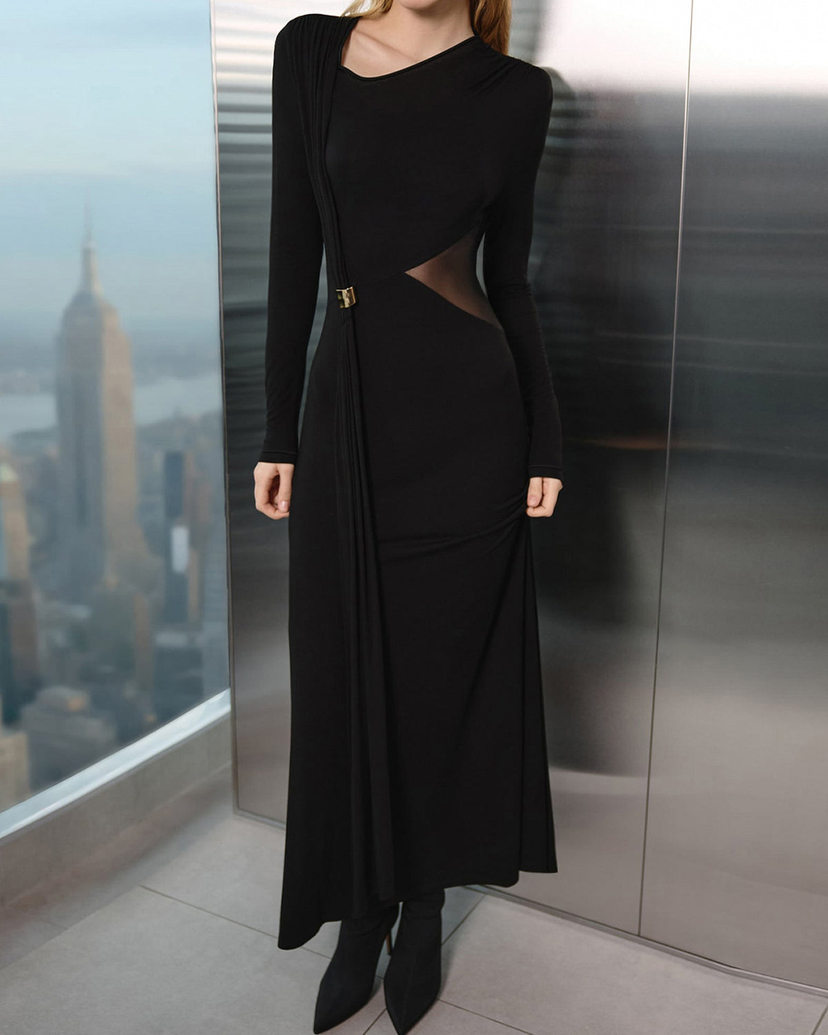 Women's Knit Polyester Maxi Dress Black Dresses - RIHOAS