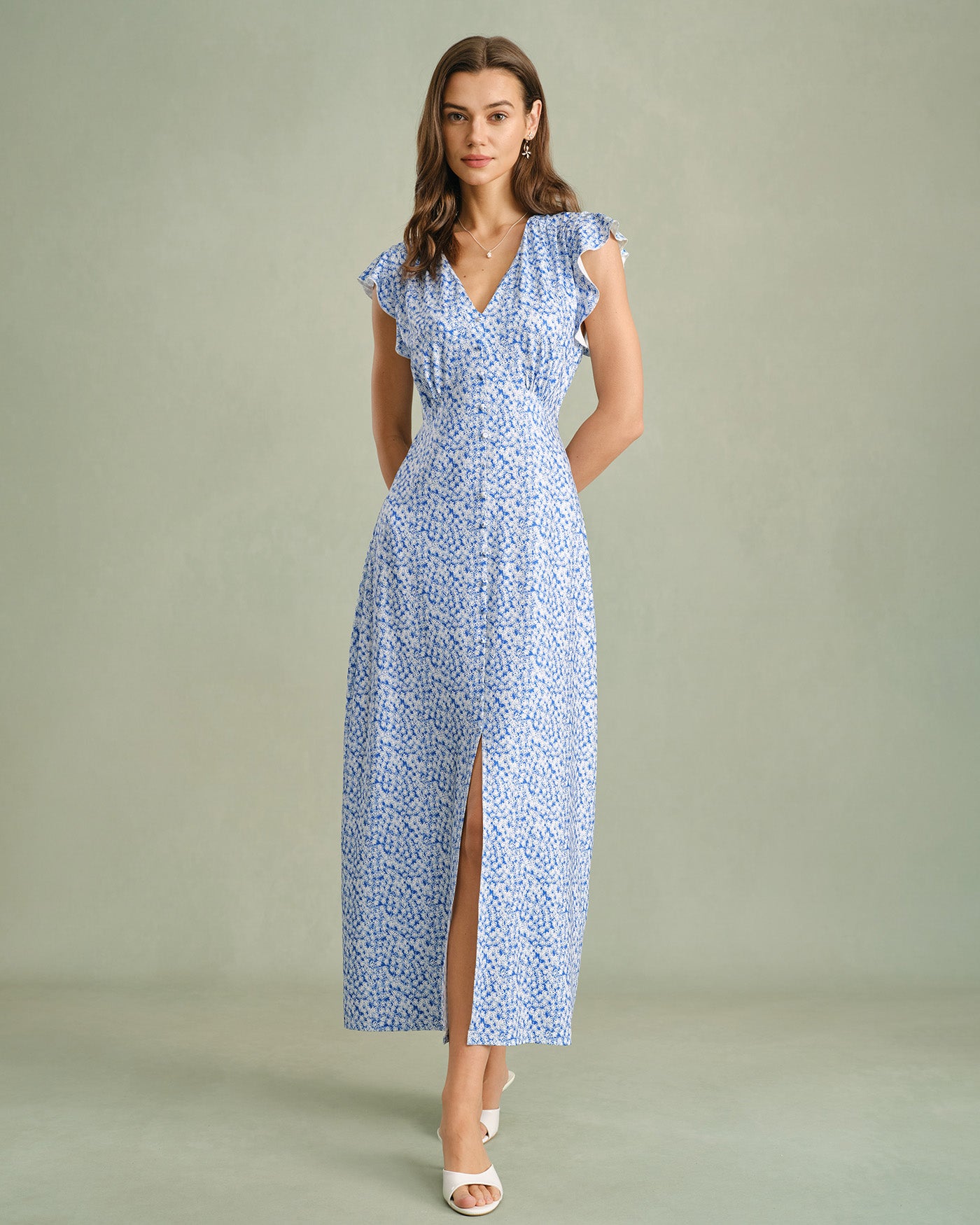 Blue V Neck Tie Floral Maxi Dress Blue V Neck Tie Floral Maxi Dress