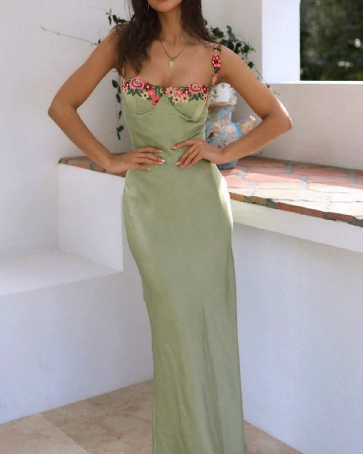Women's Knit Polyester Maxi Dress Green Dresses - RIHOAS