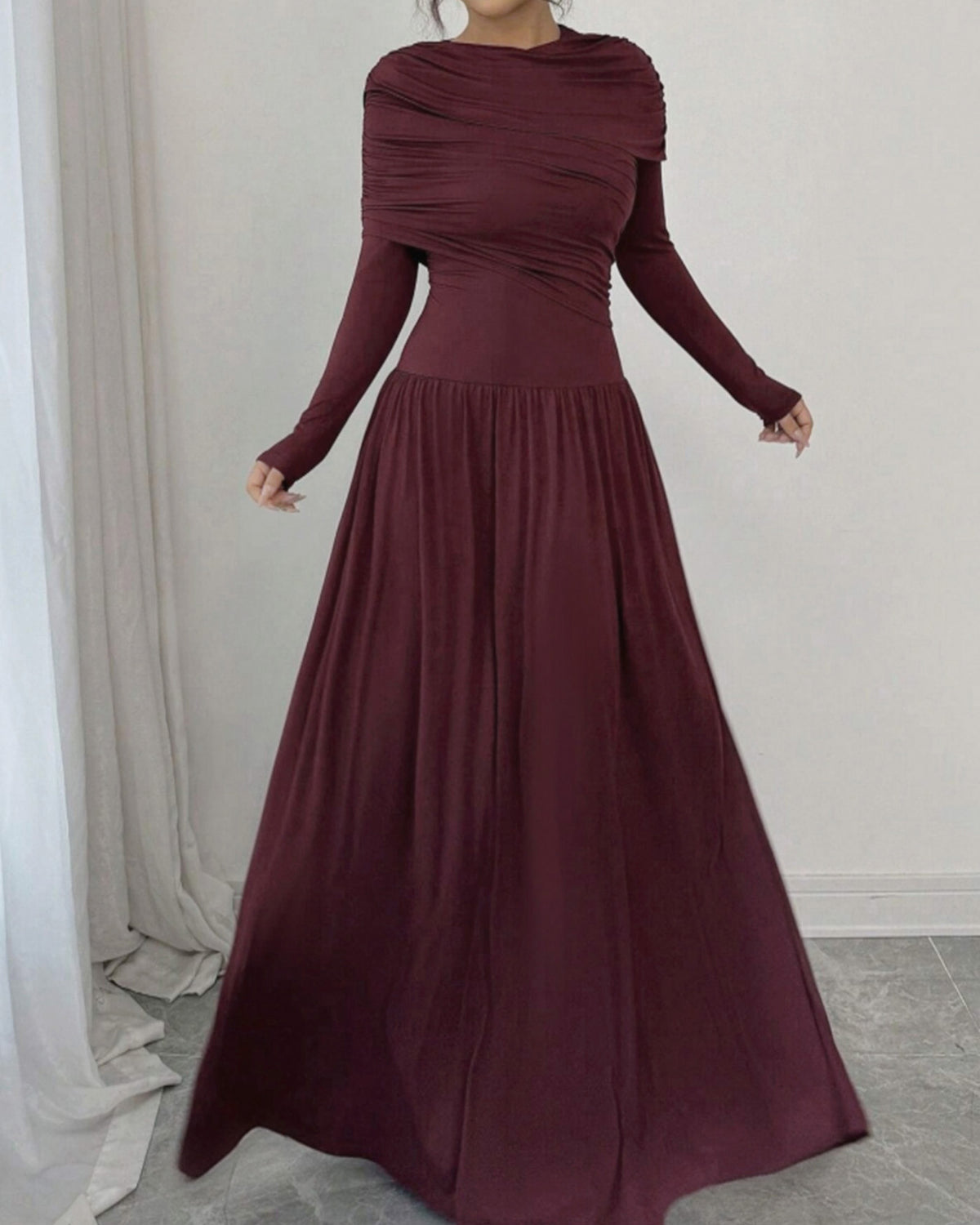 Women's Knit Polyester Maxi Dress Wine Red Dresses - RIHOAS
