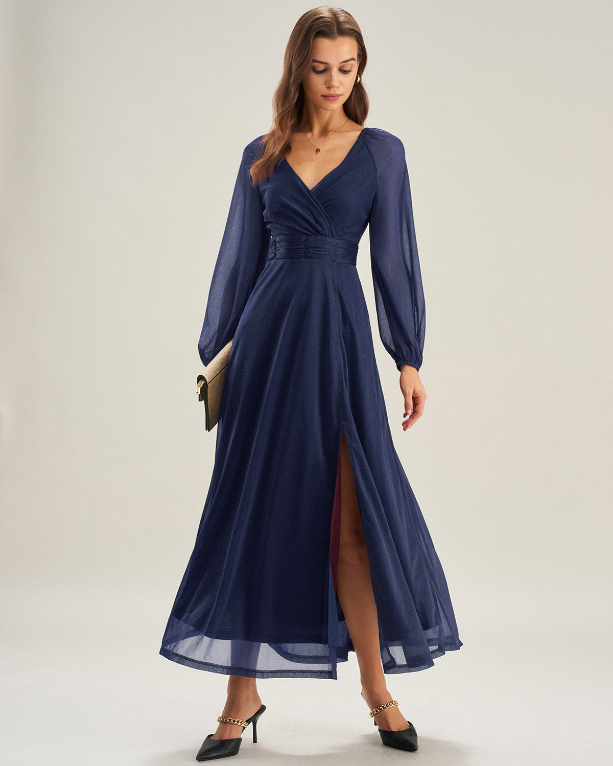 Blue V Neck A-Line Maxi Dress