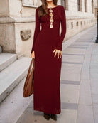 Women's Knit Polyester Maxi Dresses Wine Red Dresses - RIHOAS