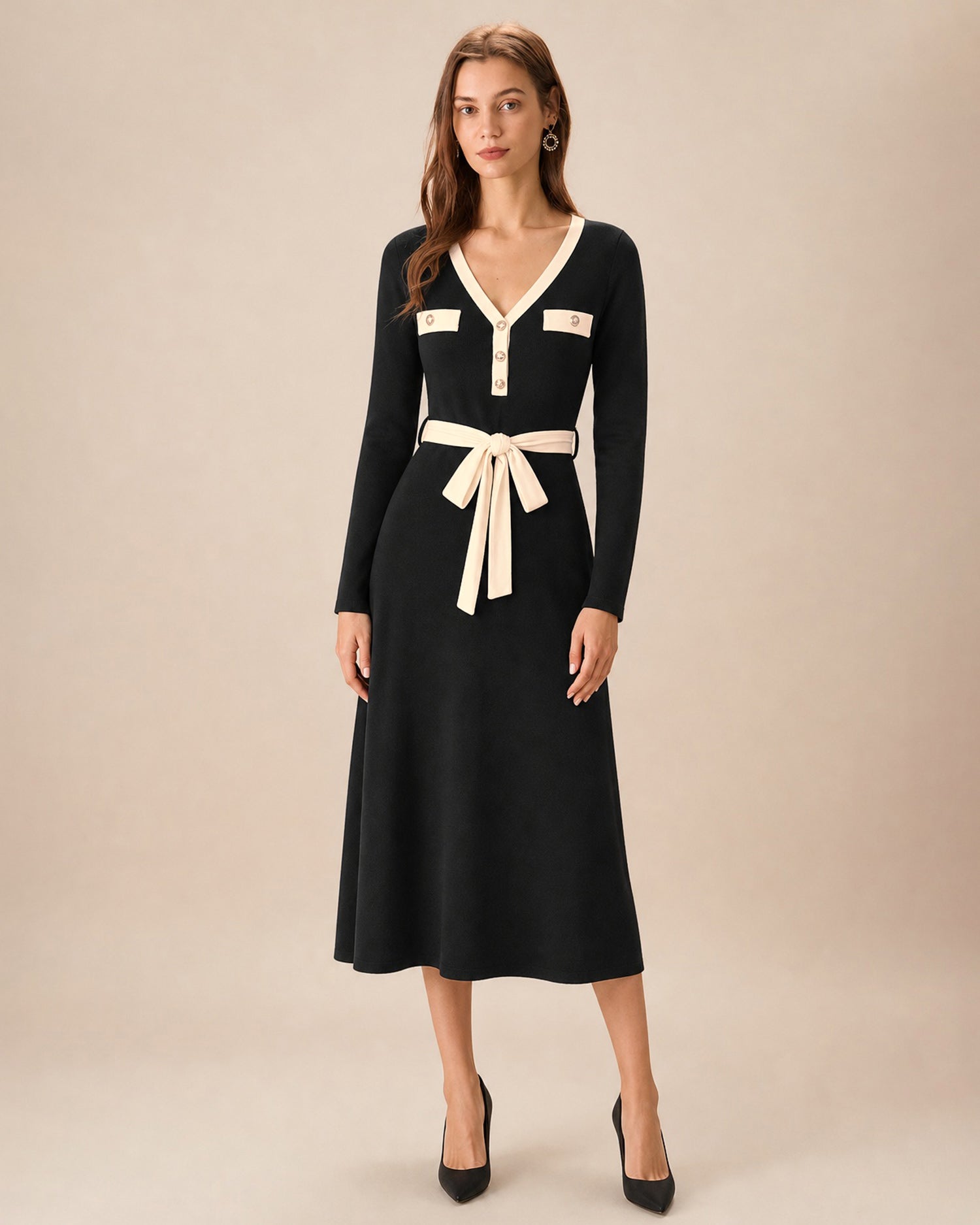 Women's Knit Polyester Midi Dress Black - RIHOAS