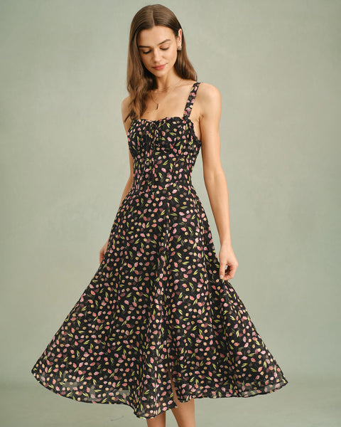blue dress for baby girl Mara Dress in Floral Printed Rose Stems Black Moire