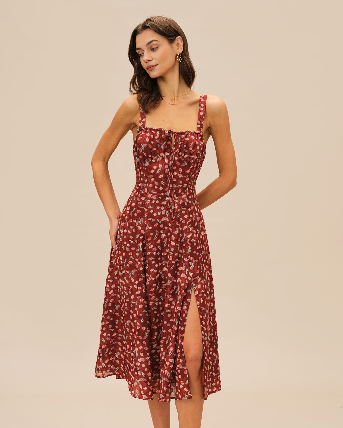 Wine Red Floral Slip Midi Dress Wine Red Floral Slip Midi Dress