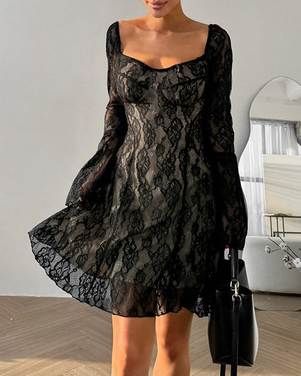 Women's Knit Polyester Mini Dress Black Dresses - RIHOAS
