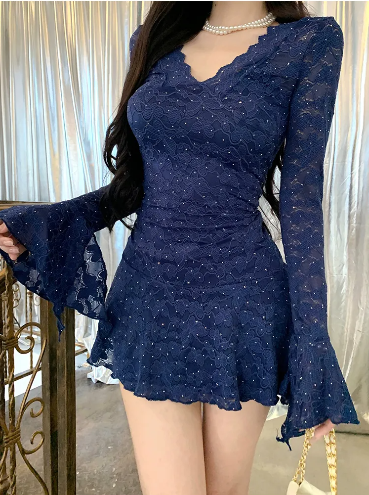 Women's Knit Polyester Mini Dress Blue Dresses - RIHOAS
