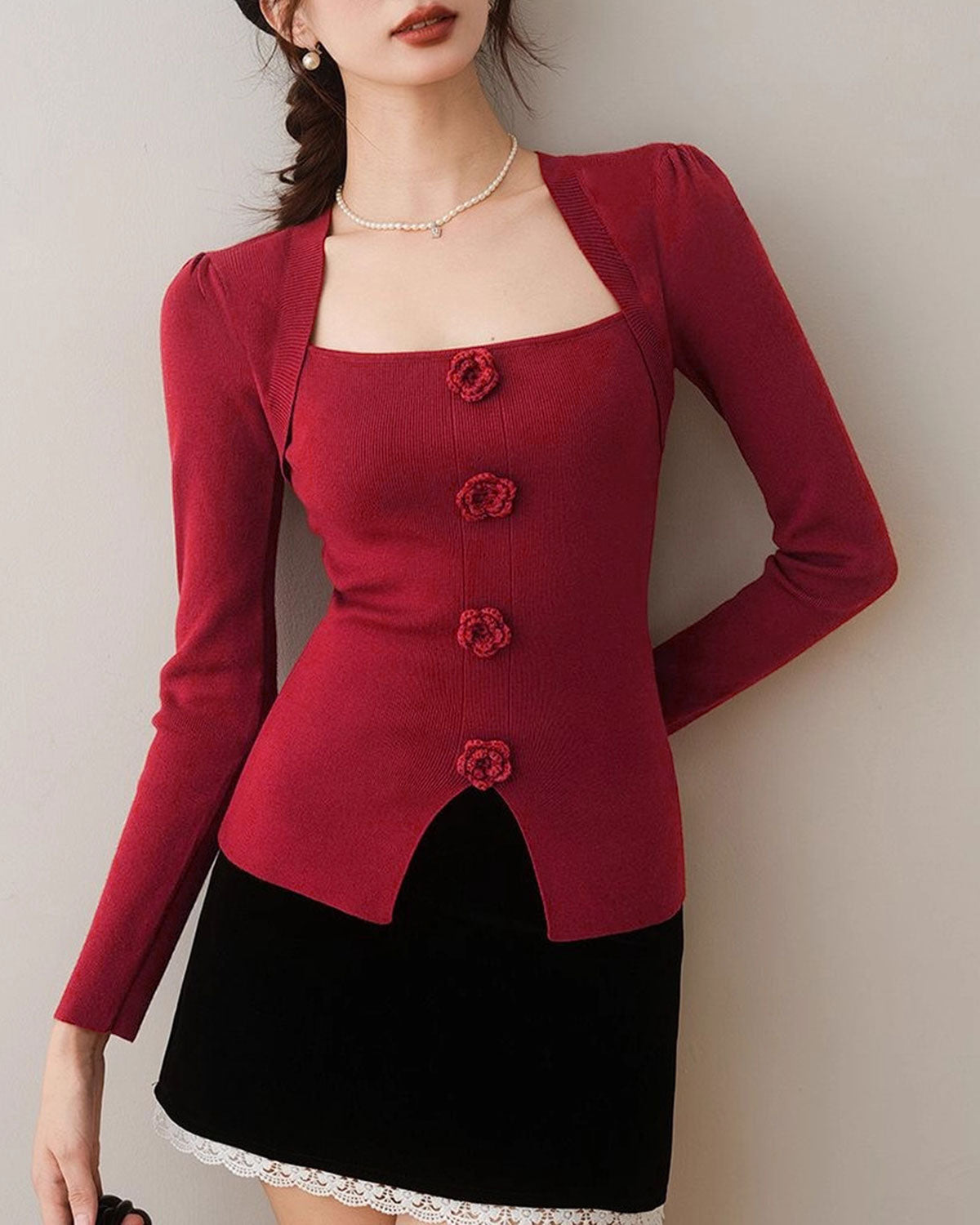 Women's Knit Polyester Top Red Tops - RIHOAS