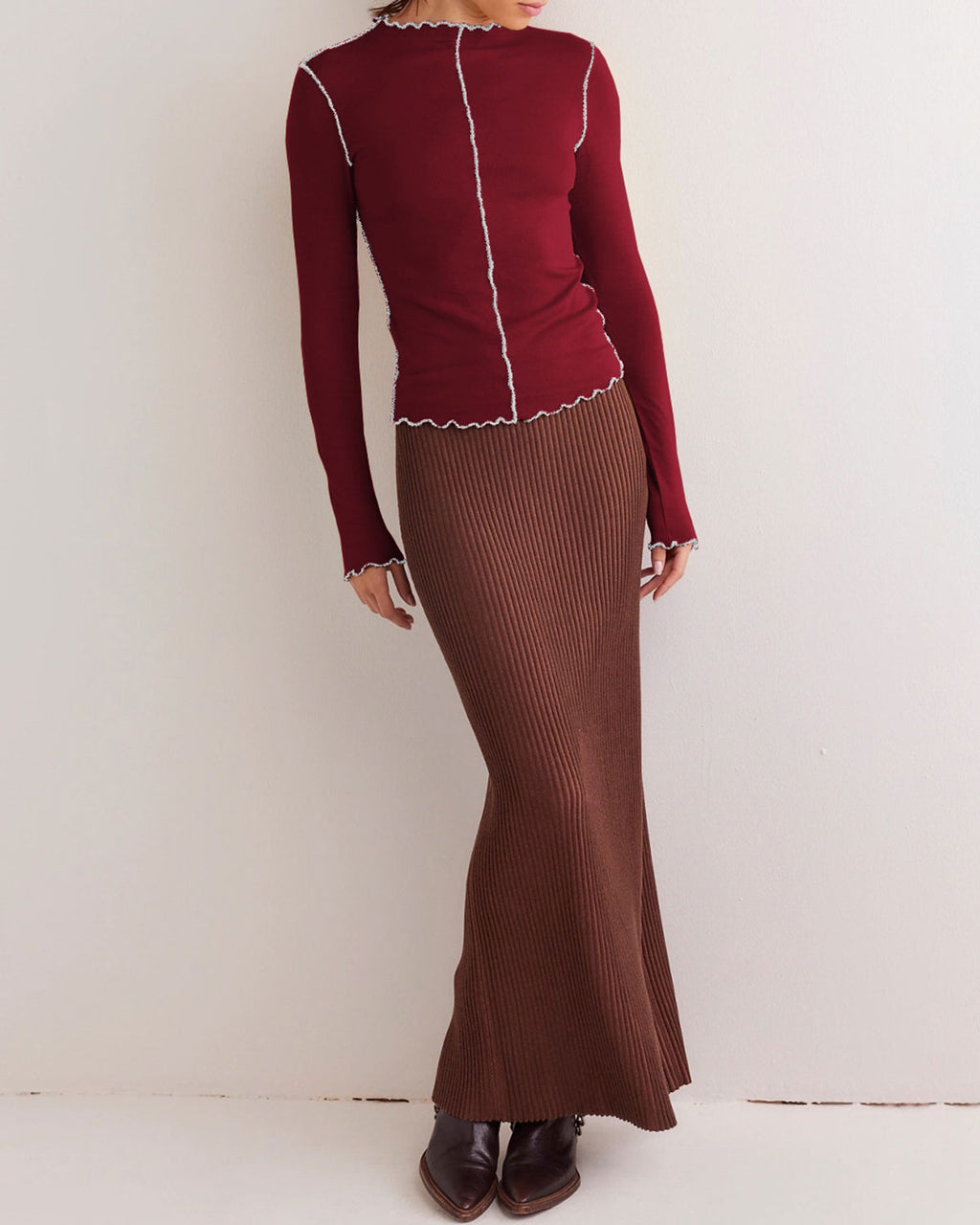 Women's Knit Polyester Top Wine Red Tops - RIHOAS