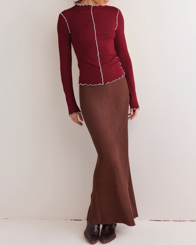 Women's Knit Polyester Top Wine Red Tops - RIHOAS