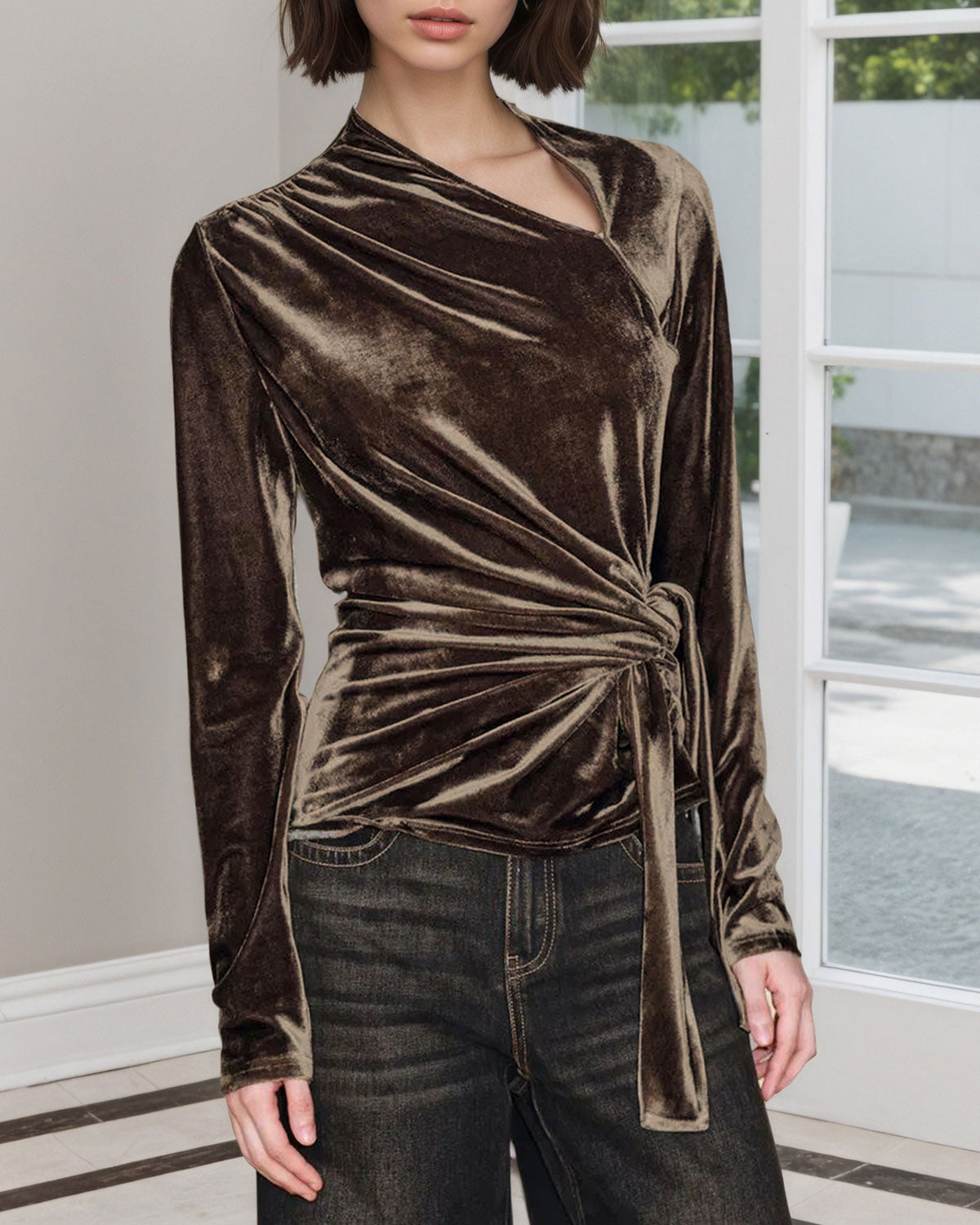 Women's Knit Polyester Tops Brown Tops - RIHOAS