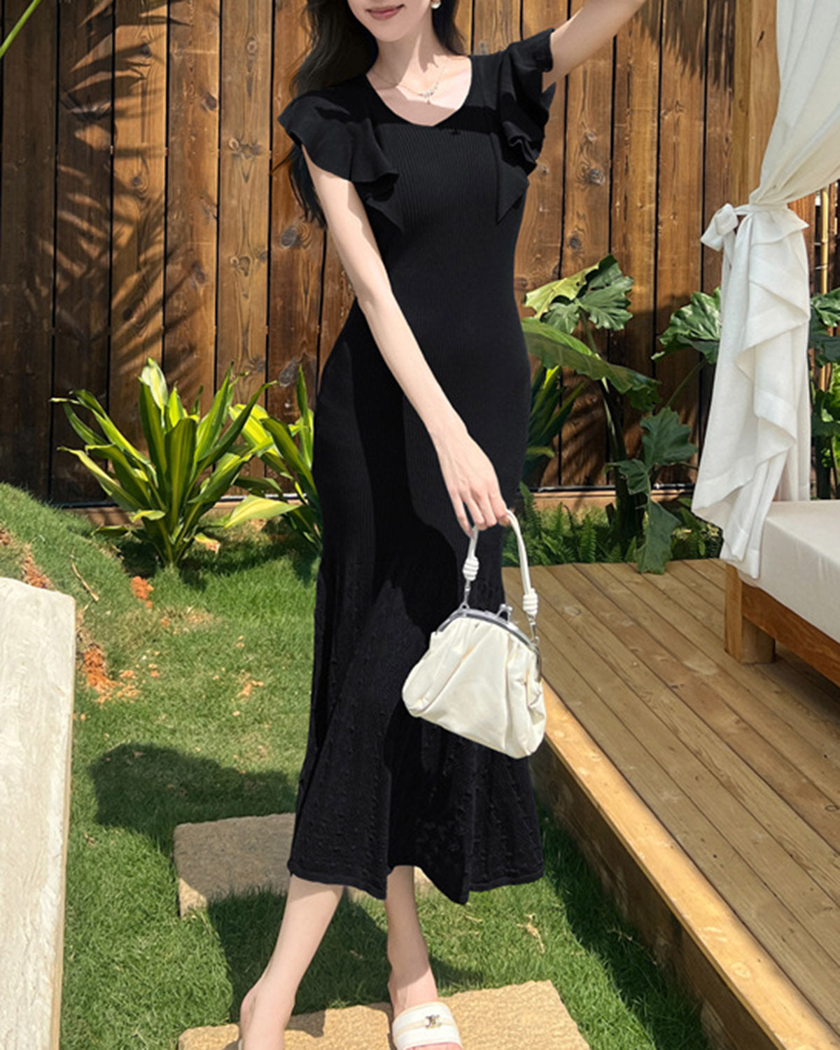 Women's Knit Polyester Wool Dress Black Dresses - RIHOAS