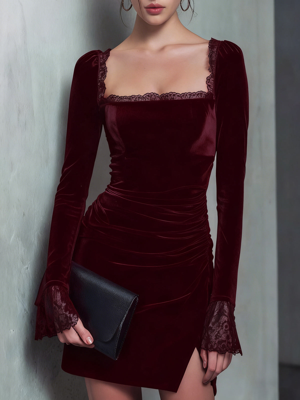 Women's Knit Velvet Mini Dress Wine Red Dresses - RIHOAS