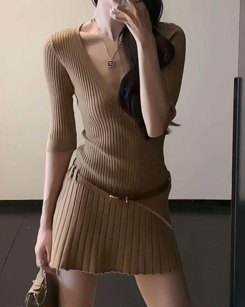 Women's Knit Viscose Wool Dress Khaki Dresses - RIHOAS