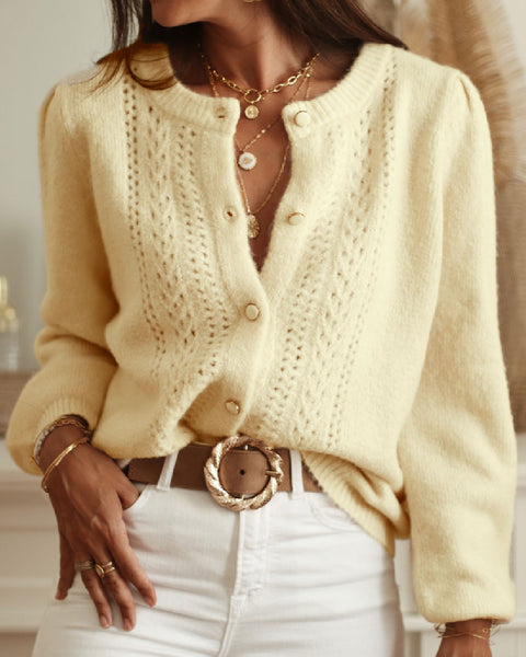 Yellow Round Neck Knit Cardigan & Reviews - Apricot - Tops | RIHOAS