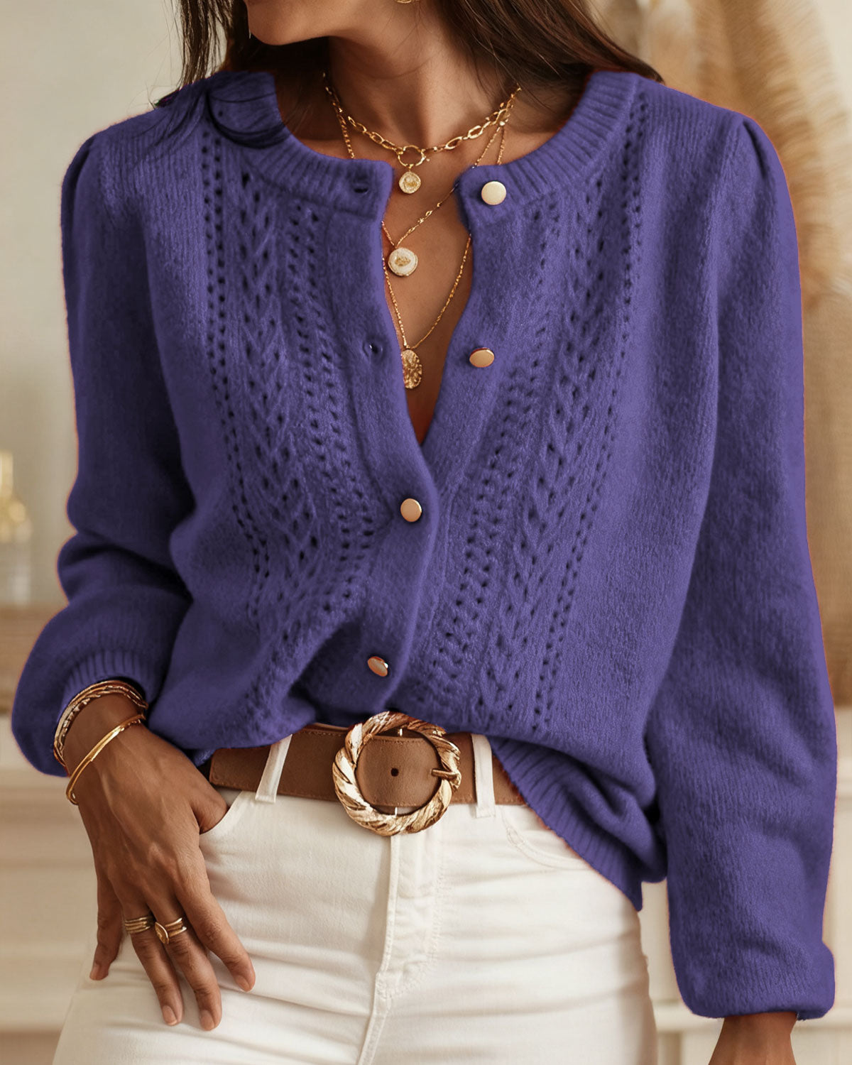 Women's Knitted Acrylic Cardigan Sweater Purple Tops - RIHOAS