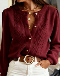 Women's Knitted Acrylic Cardigan Sweater Wine Red Tops - RIHOAS