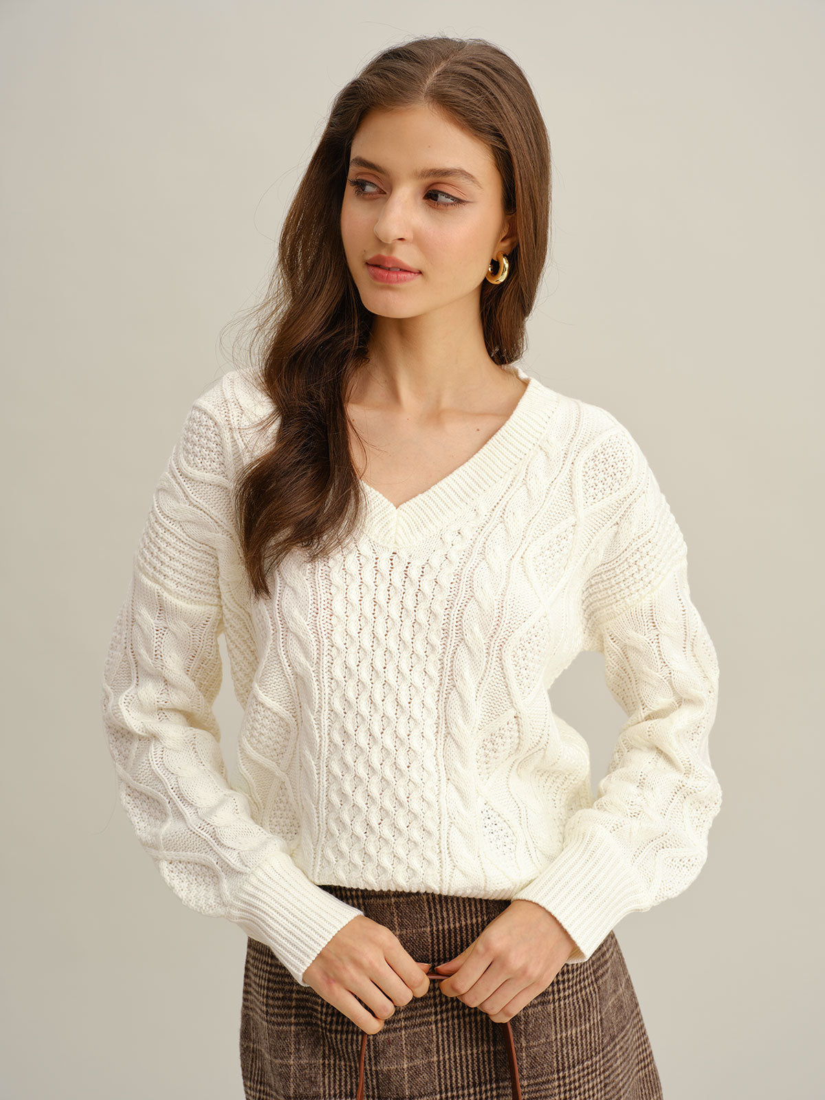 Women's Knitted Acrylic Sweater Beige Tops - RIHOAS