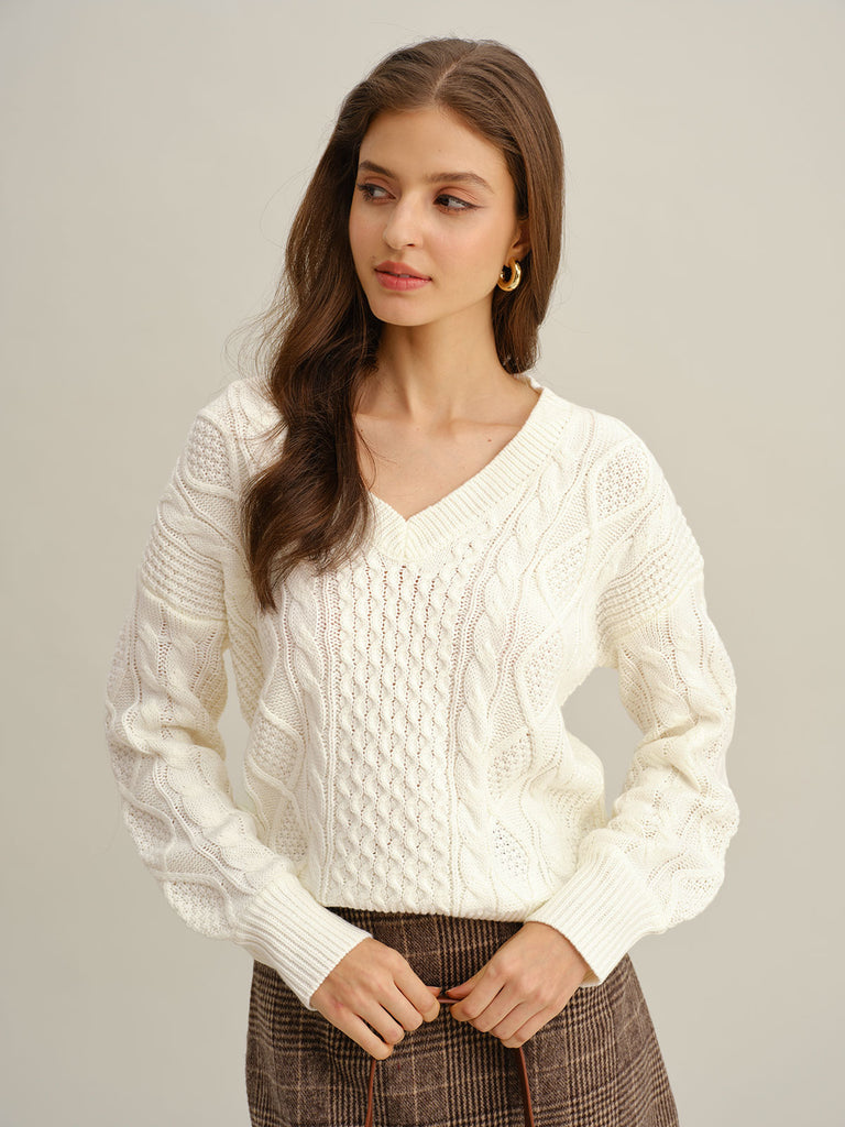 Women's Knitted Acrylic Sweater White Tops - RIHOAS