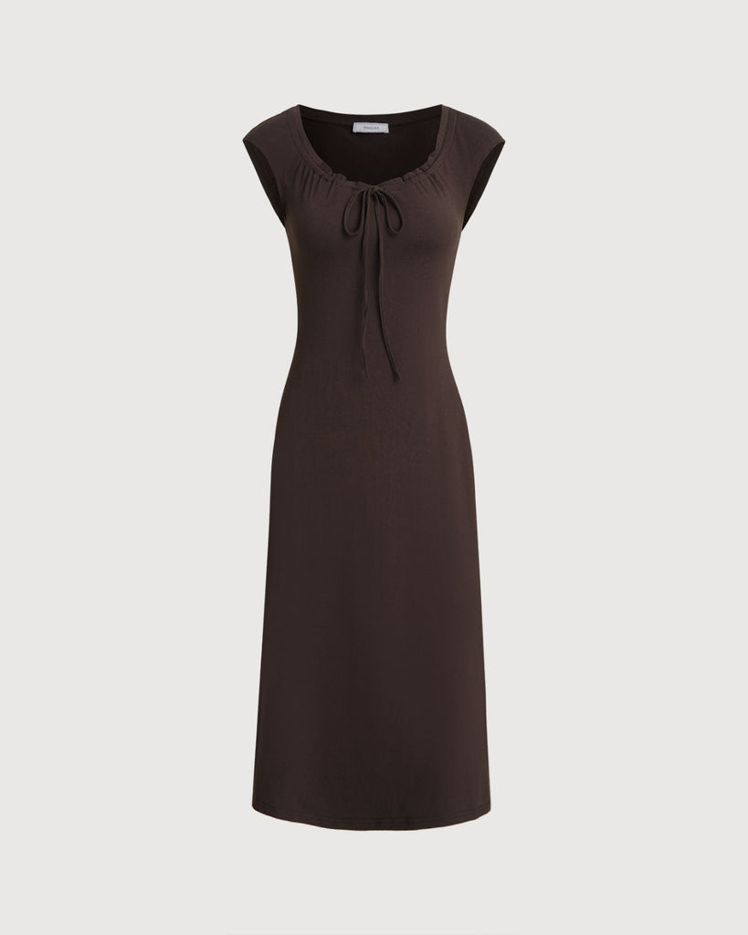 Women's Knitted Cotton Midi Dress Brown Dresses - RIHOAS